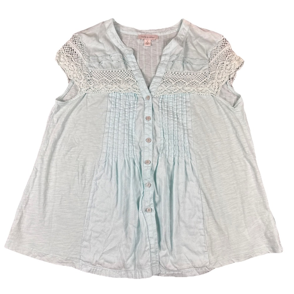Vintage America Women's Blue Button Down Crochet Trim Cotton Top Size Medium